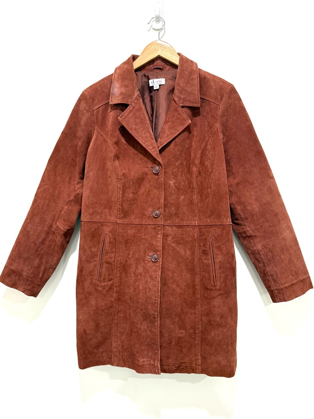 Vintage Denim & Co. Cognac Brown Midi Suede Genuine Leather Buttons Jacket Large